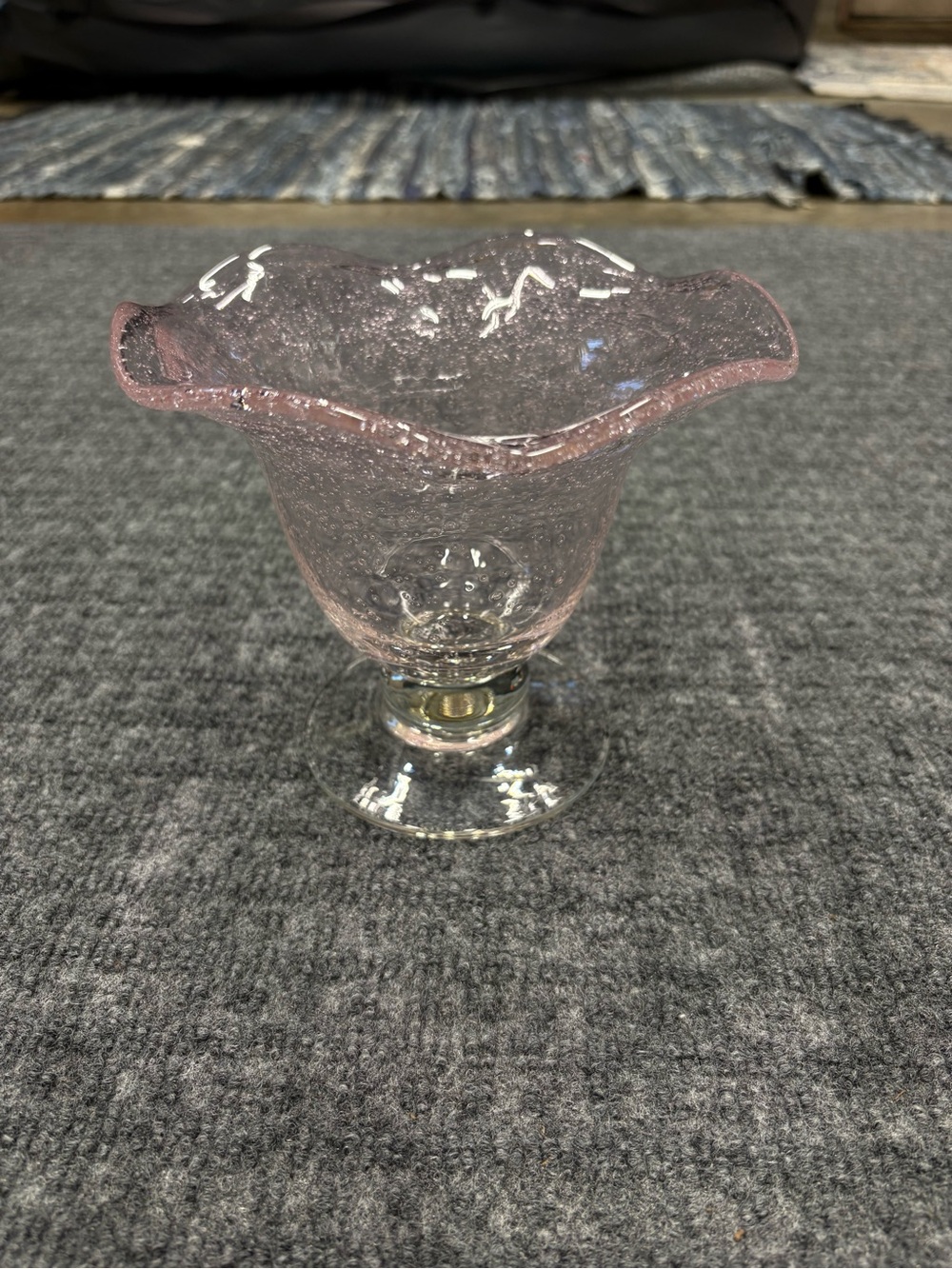 Ruffled Pink Handblown Bubble Glass Pedestal Bowl